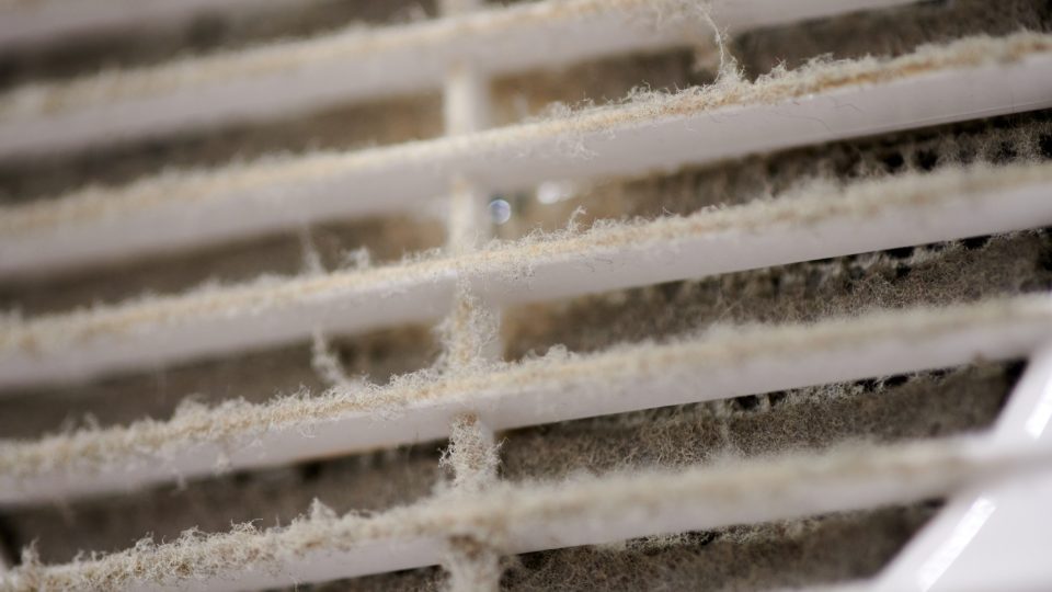 Close-up of dusty air vent slats with accumulated lint and fibers along the horizontal louvers.